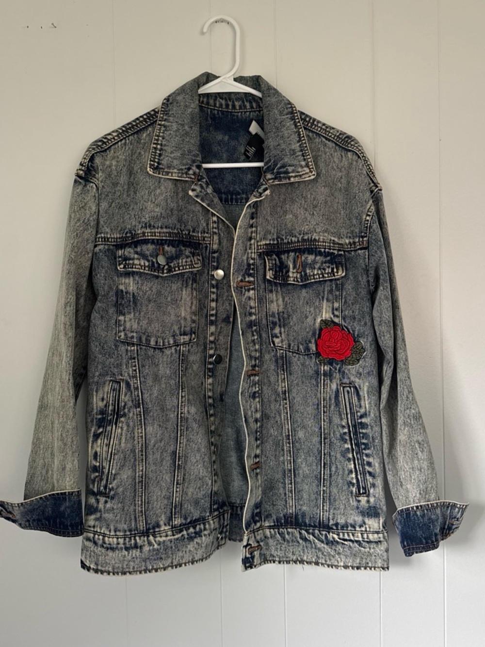 Forever 21 Acid Wash Denim Jacket with Red Rose Patch